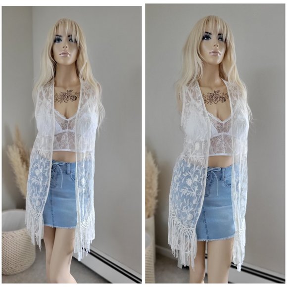 Fringe lace open cardigan kimono coastal cowgirl bohemian - Picture 2 of 7